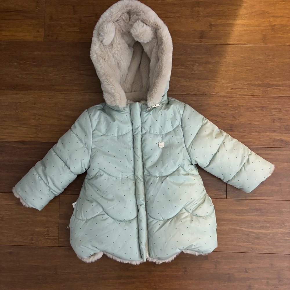 Mayoral Baby Girl Reversible Mint Puffer Coat Faux Fur Hood 6-9M EUC